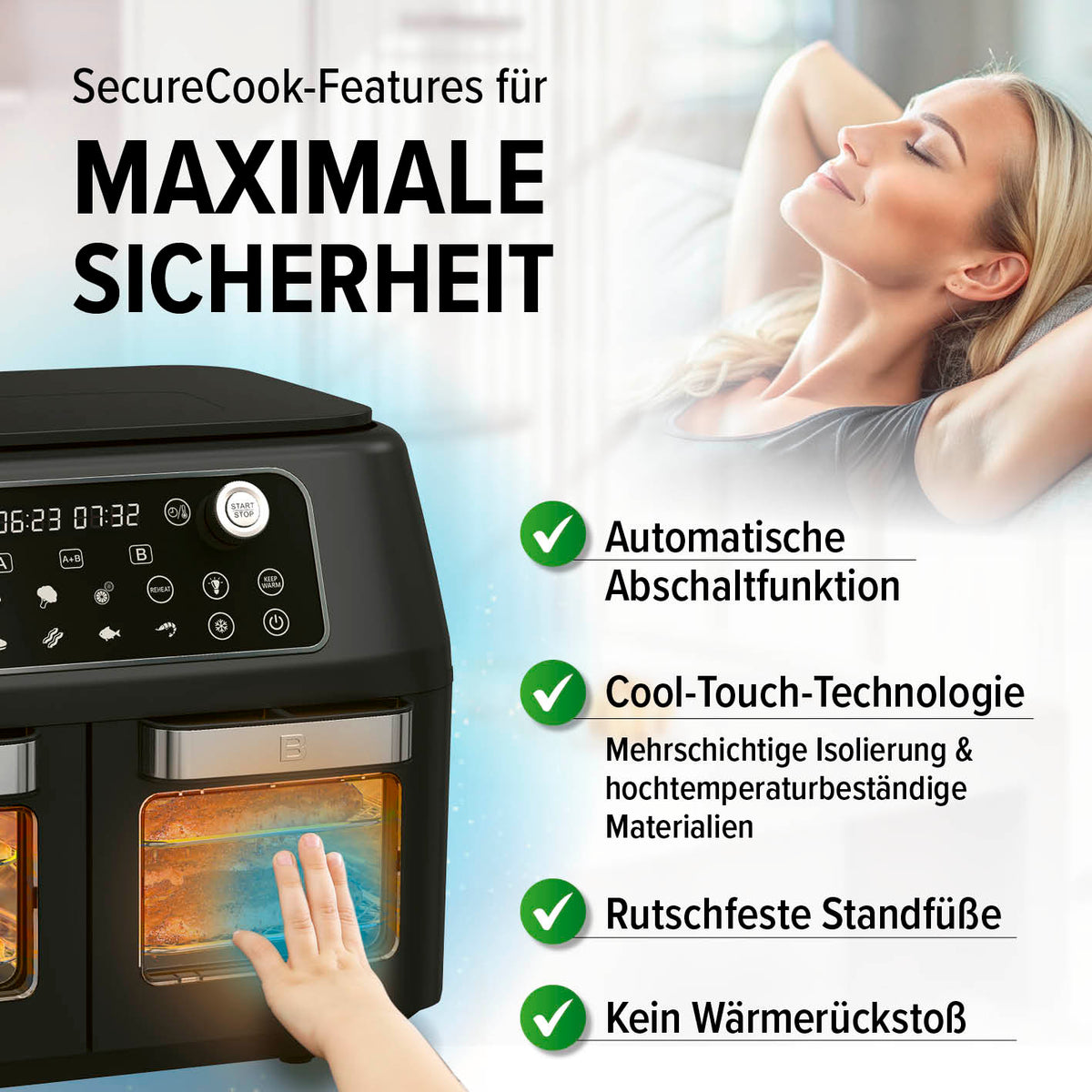Doppelkammer-Heißluftfritteuse mit SecureCook-Features für maximale Sicherheit, automatischer Abschaltfunktion und Cool-Touch-Technologie.