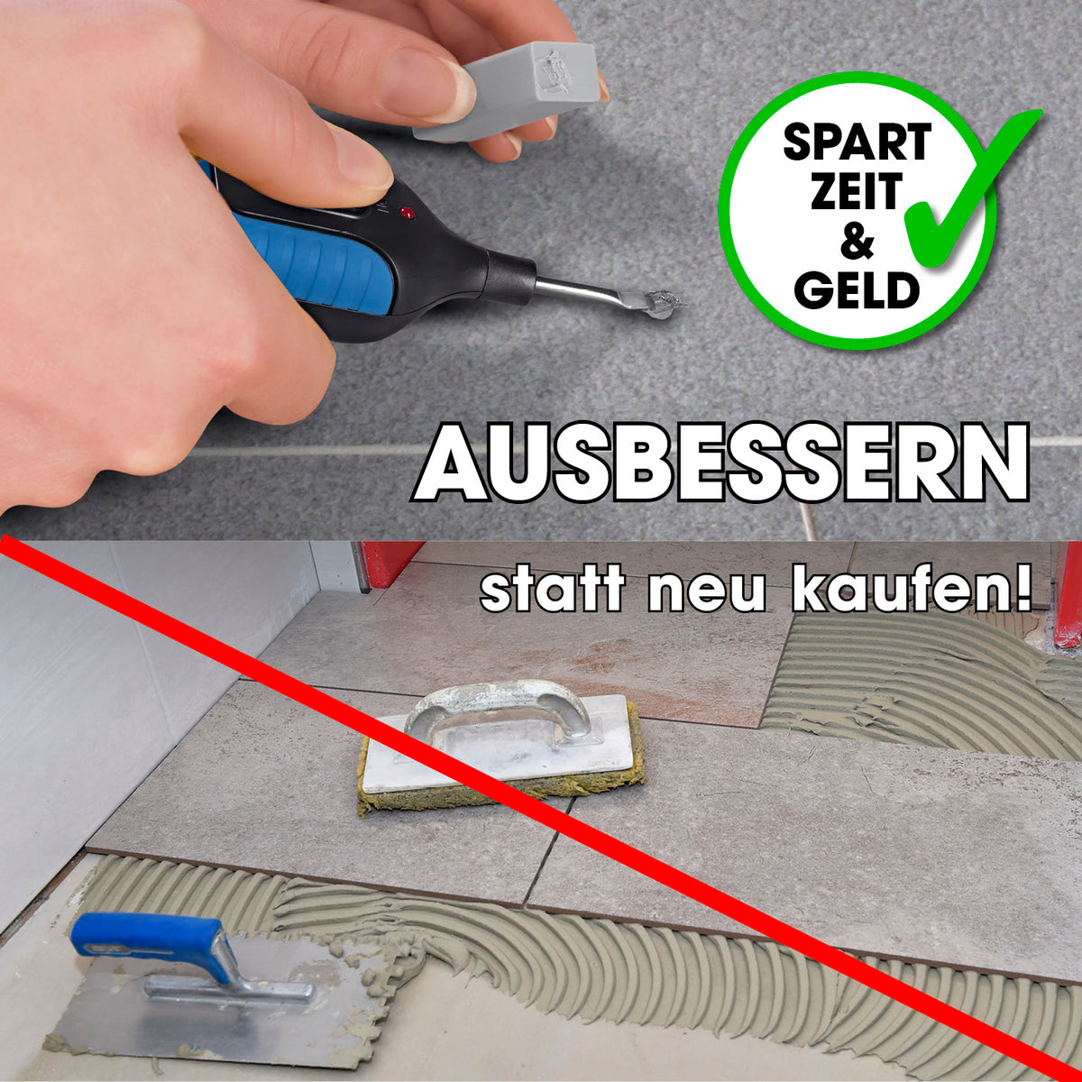 Reparaturset für Fliesen & Steinböden zur einfachen Ausbesserung von Macken und Kratzern, spart Zeit und Geld beim Selbstausbessern.