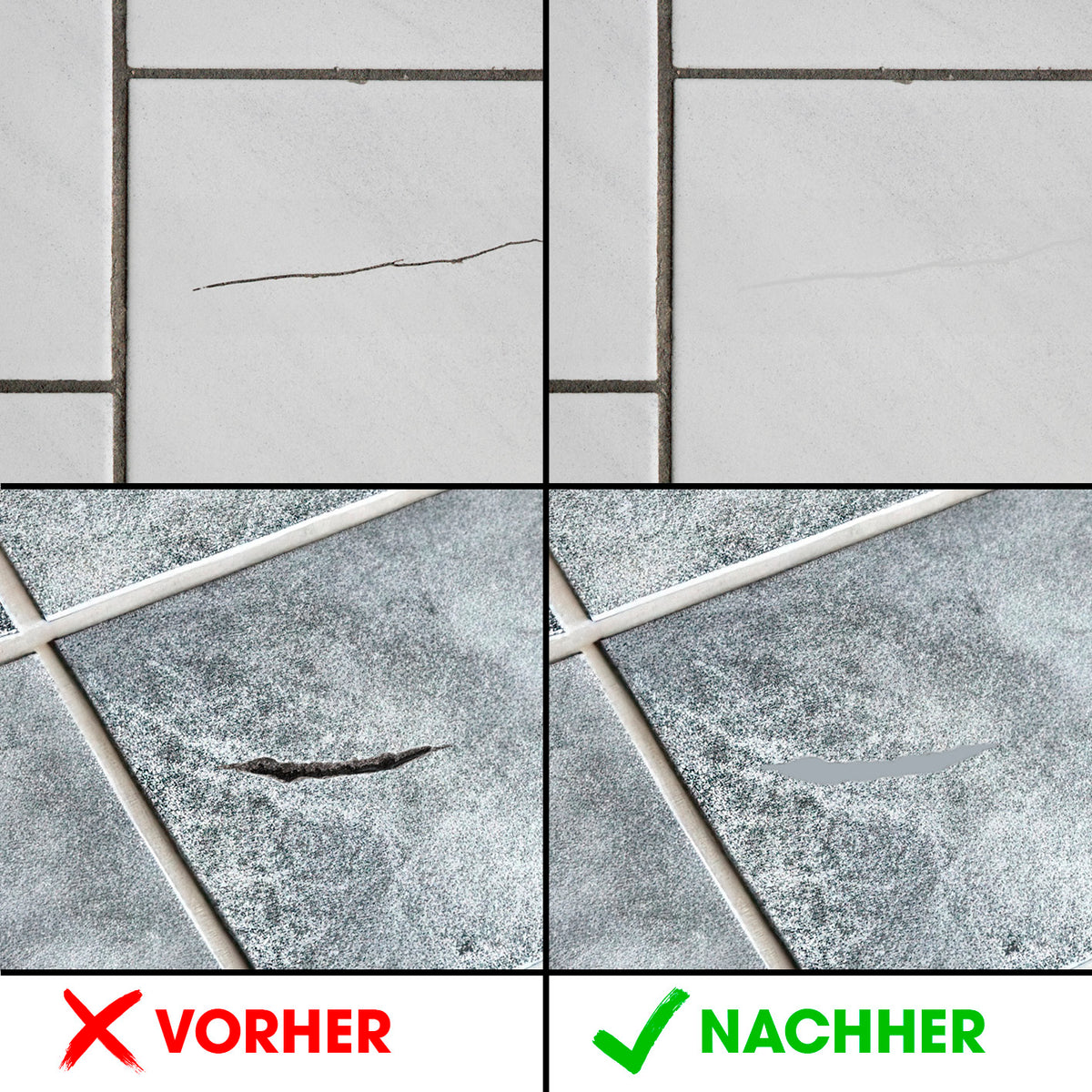 Reparaturset für Fliesen & Steinböden zeigt Vorher-Nachher-Bilder zur einfachen Ausbesserung von Rissen und Macken.