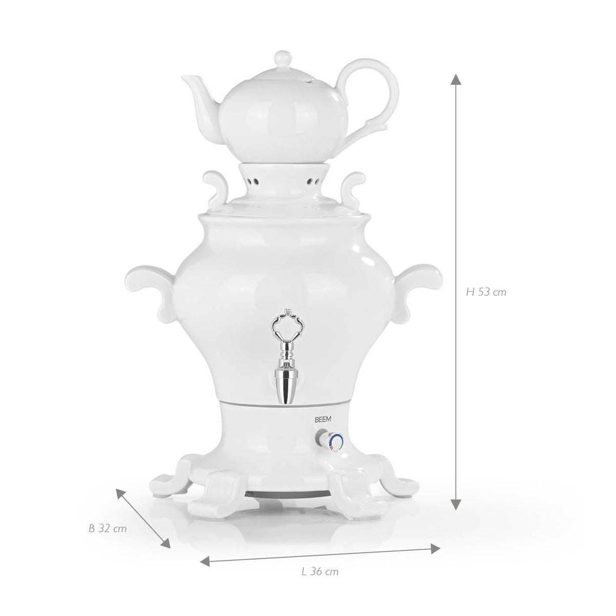 ODETTE BLANC Samowar - 5 l in weißer Ausführung mit dekorativem Teekessel, integriertem Ausgießer und Bedienknopf auf weißem Hintergrund.