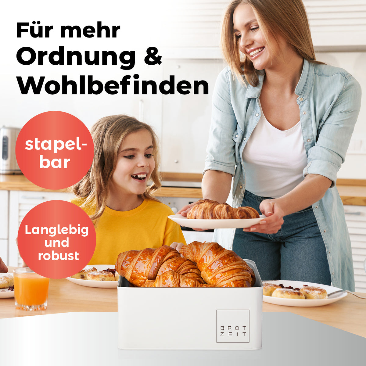 Cuisine Brotkasten aus Metall mit Bambus Deckel, rechteckig 30,5 x 23,5 x 14 cm, weiß, stilvoll und platzsparend für Küchenbrot.