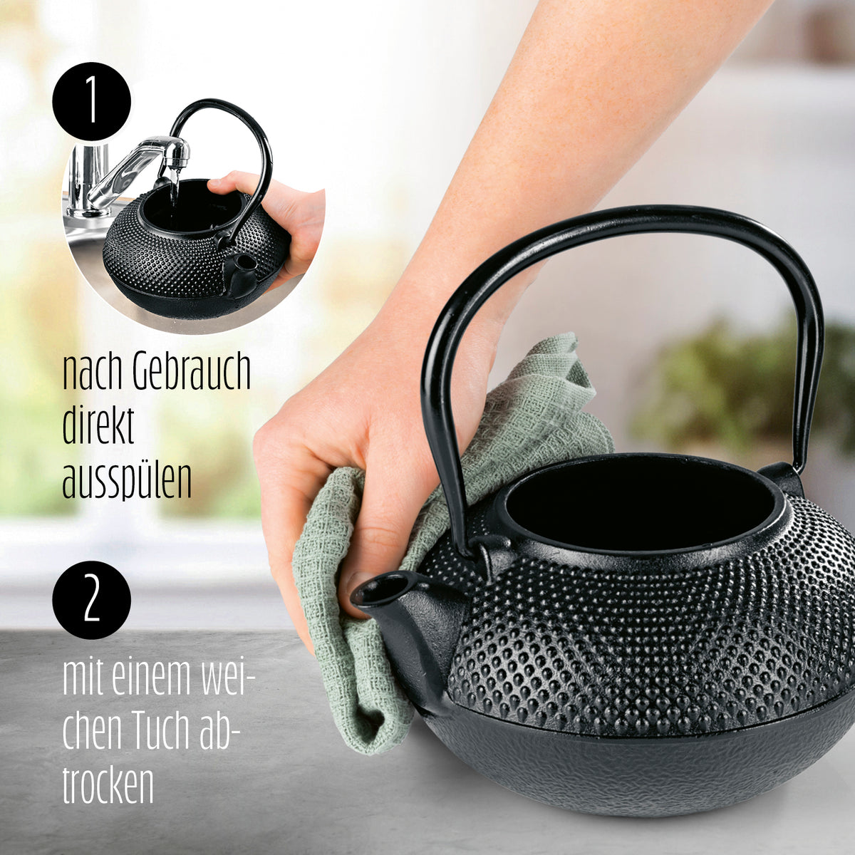 Tee Set 12-teilig aus Gusseisen von Lumaland wird nach Gebrauch mit Wasser gespült und mit weichem Tuch trocken gewischt.