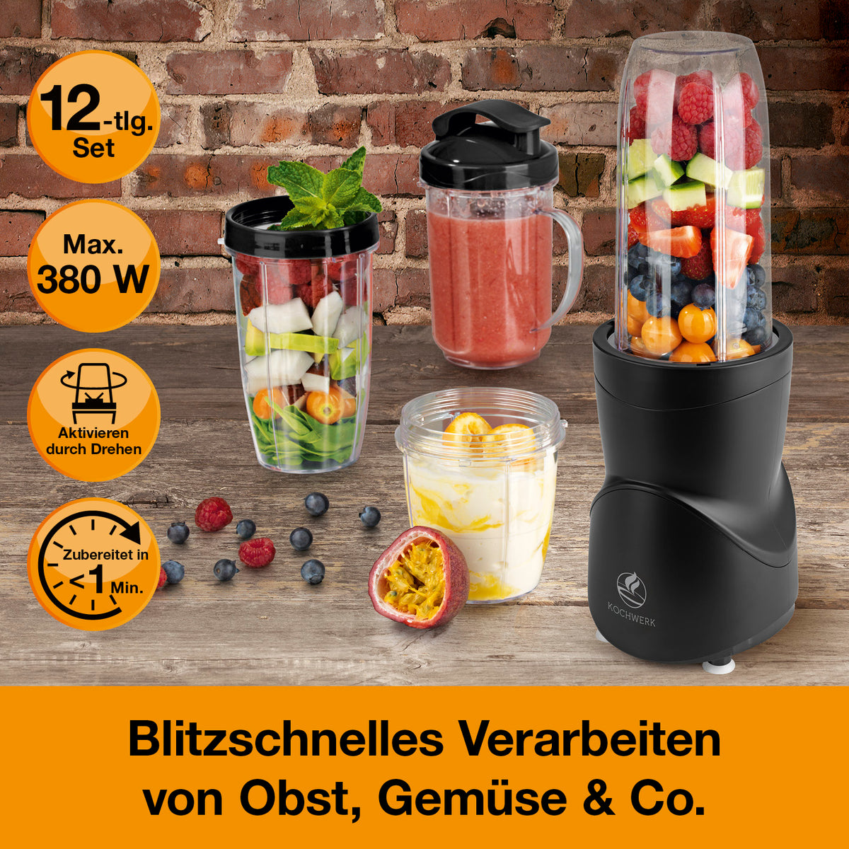 Multifunktions-Mixer - Schwarz mit 8 Funktionen, To-go-Deckel, ideal für Smoothies, Saucen, Kaffee mahlen und Eiscrushen.