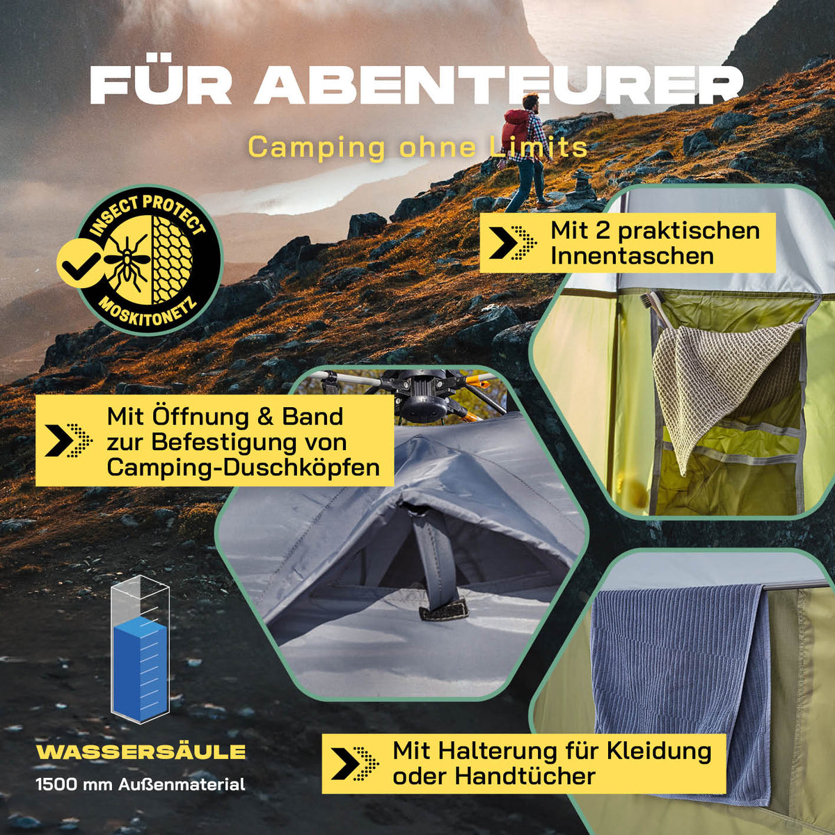 Pop up Duschzelt - 220 cm hoch - Grün mit Insektenschutz, Innentaschen und Halterung für Kleidung, ideal beim Camping und Outdoor-Abenteuer.