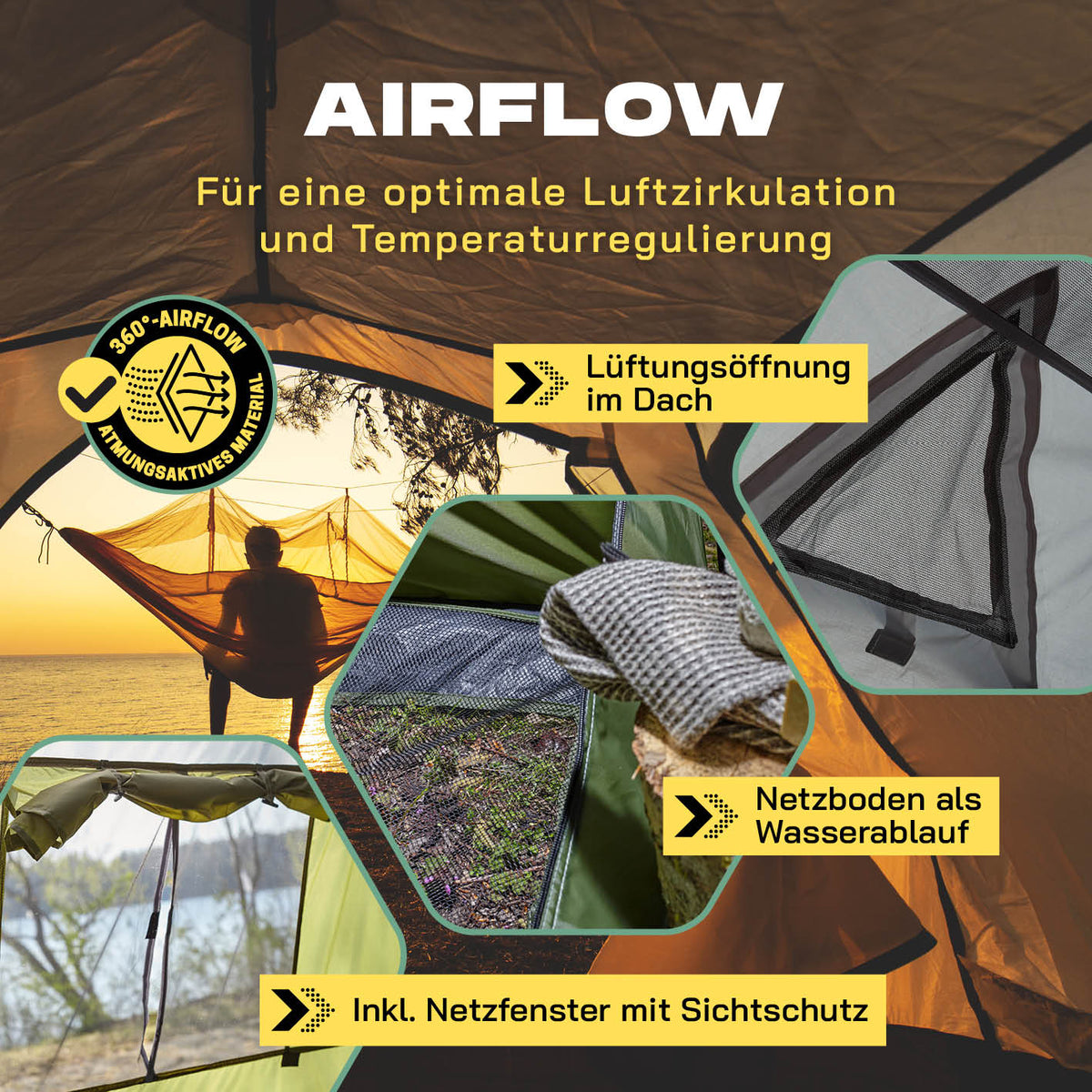 Pop up Duschzelt - 220 cm hoch - Grün mit Lüftungsöffnung, Netzboden als Wasserablauf und Sichtschutz für optimale Luftzirkulation.