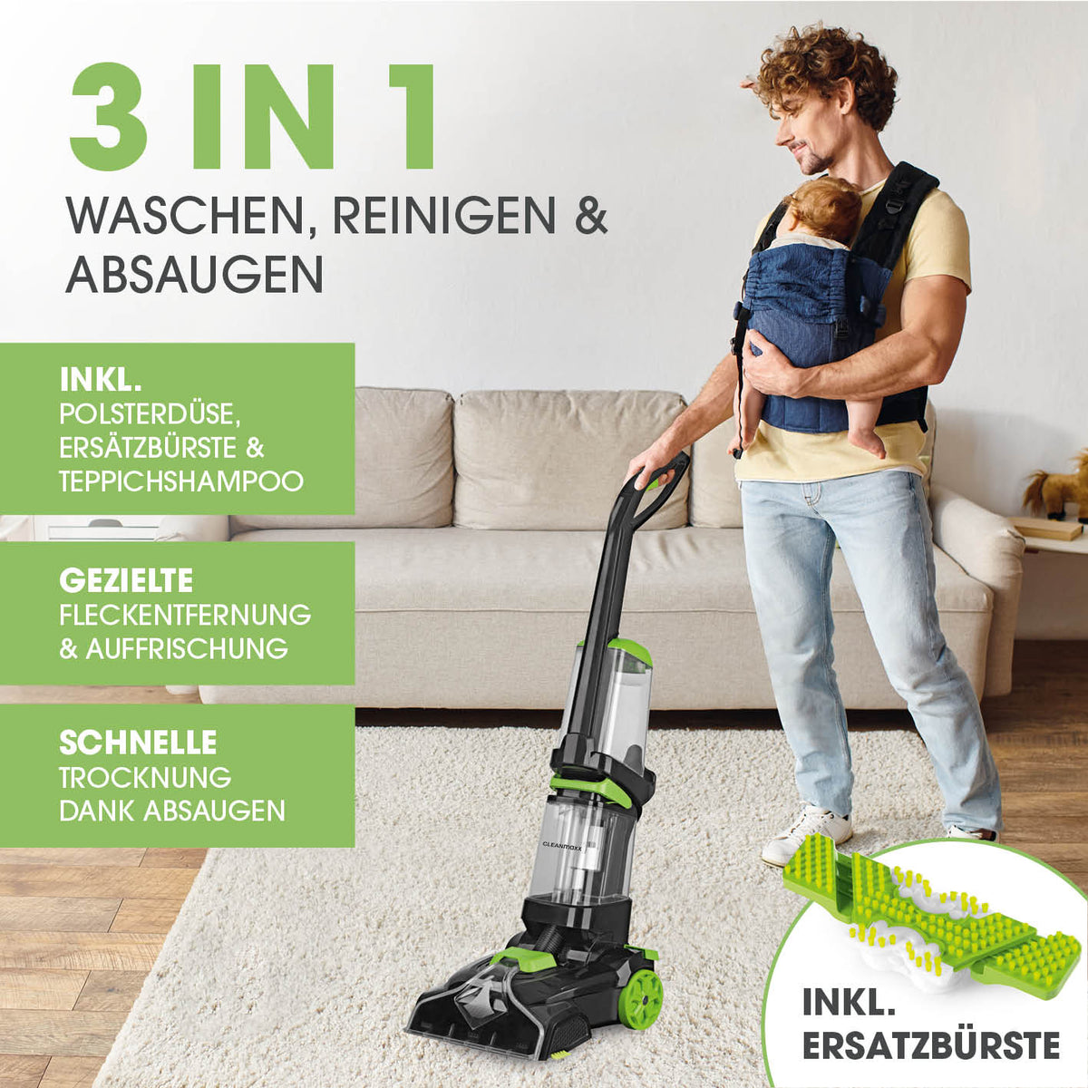 Teppichreiniger Pro mit 3-in-1 Funktion zum Waschen, Reinigen und Absaugen von Teppichen, inkl. Ersatzbürste für gründliche Fleckenentfernung.