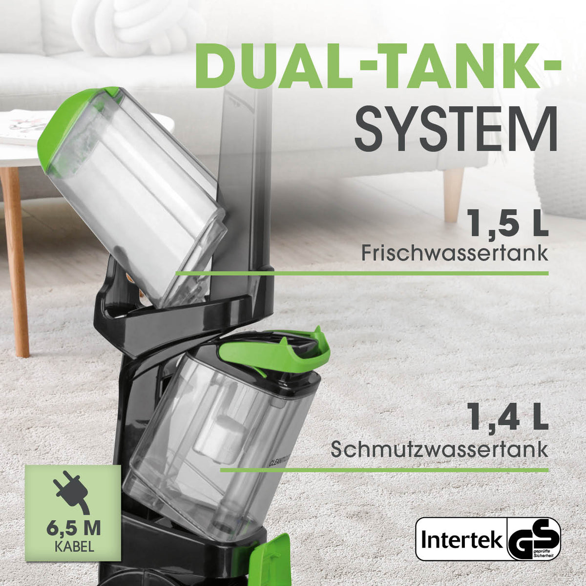 Teppichreiniger Pro mit Dual-Tank-System, 1,5 l Frischwassertank und 1,4 l Schmutzwassertank für effektive Teppichreinigung.