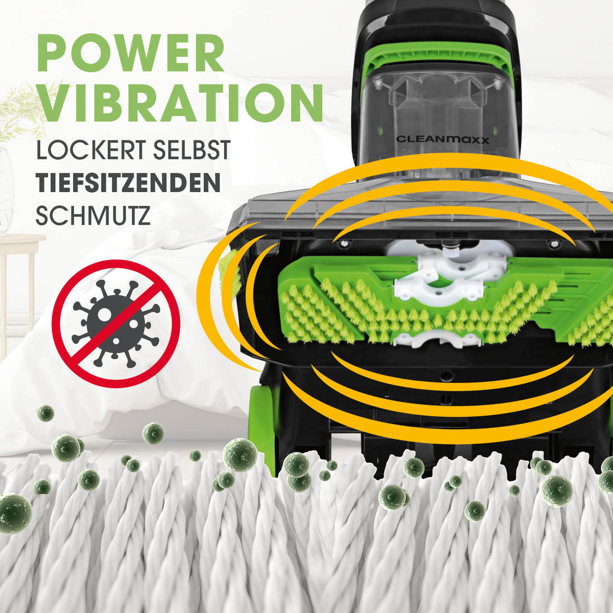 Teppichreiniger Pro mit Power-Vibration löst tiefsitzenden Schmutz gründlich von Teppichen und Polstern im Haushalt.