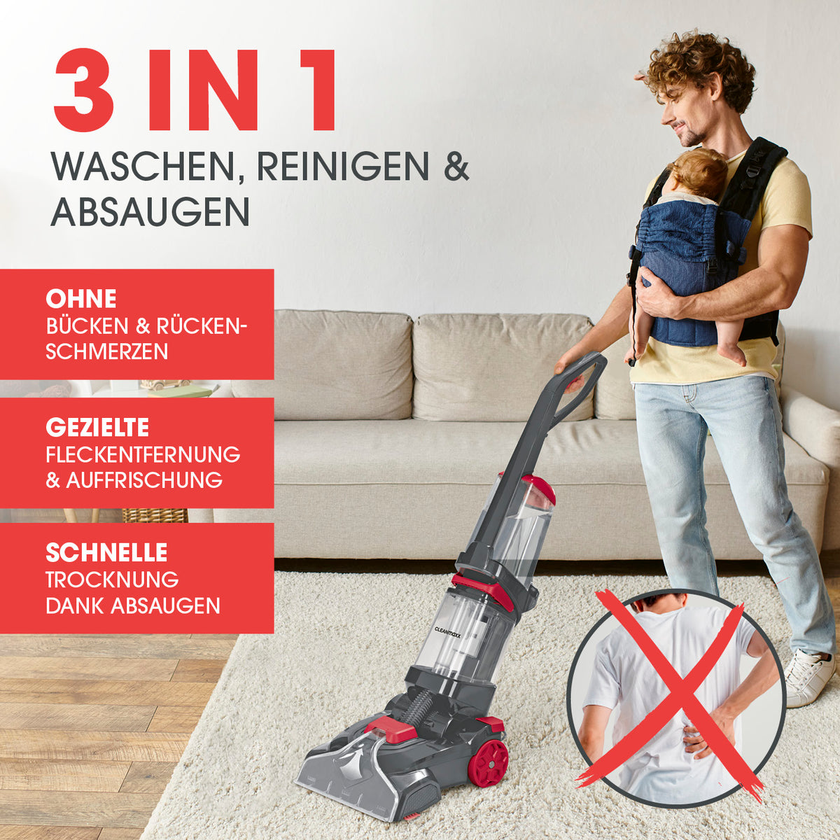Teppichreiniger AquaStream entfernt Flecken gründlich, reinigt und saugt mit schneller Trocknung für alle Teppiche ohne Rückenbelastung.