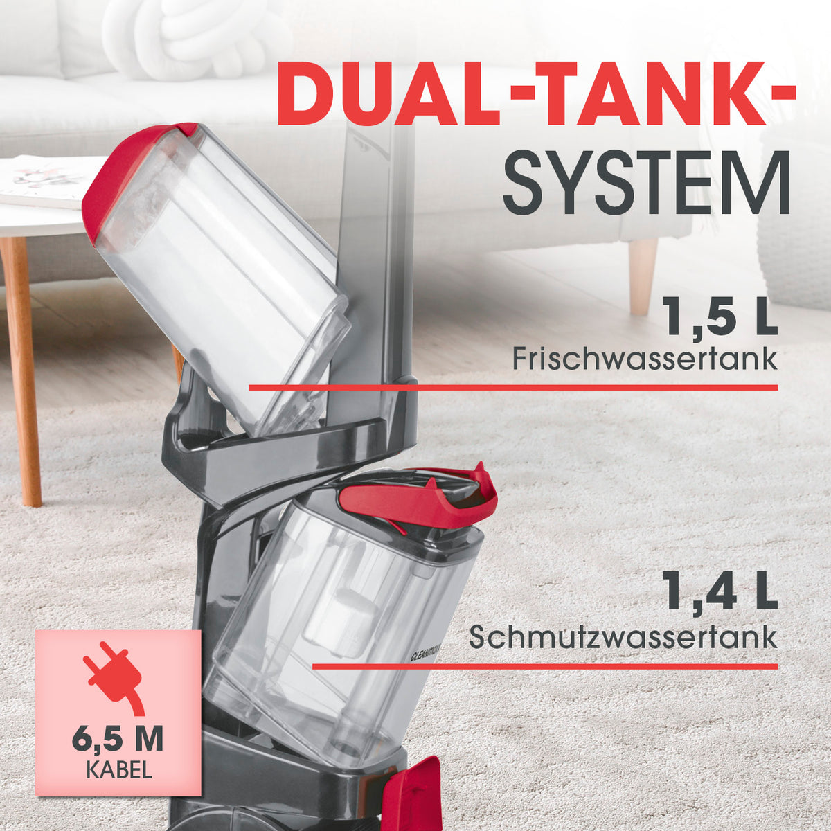 Teppichreiniger AquaStream mit Dual-Tanksystem 1,5 L Frischwassertank und 1,4 L Schmutzwassertank für effektive Teppichreinigung.