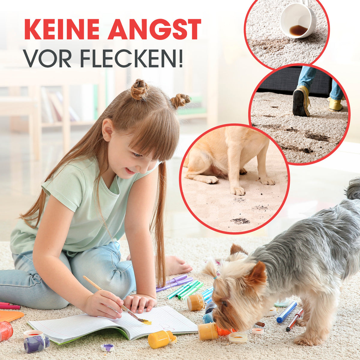 Teppichreiniger AquaStream entfernt mühelos Flecken von Kaffee, Schuhen und Haustieren für einen sauberen Teppich im Alltag.