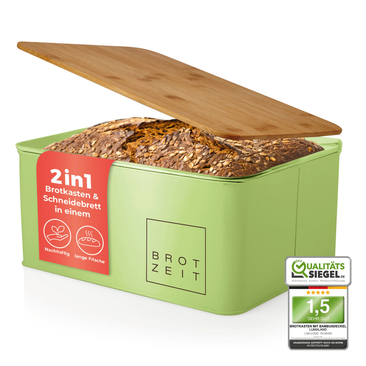 Cuisine Brotkasten aus Metall mit Bambus Deckel in Mintgrün, rechteckig 30,5x23,5x14 cm, mit 2in1 Funktion als Brotkasten und Schneidebrett.