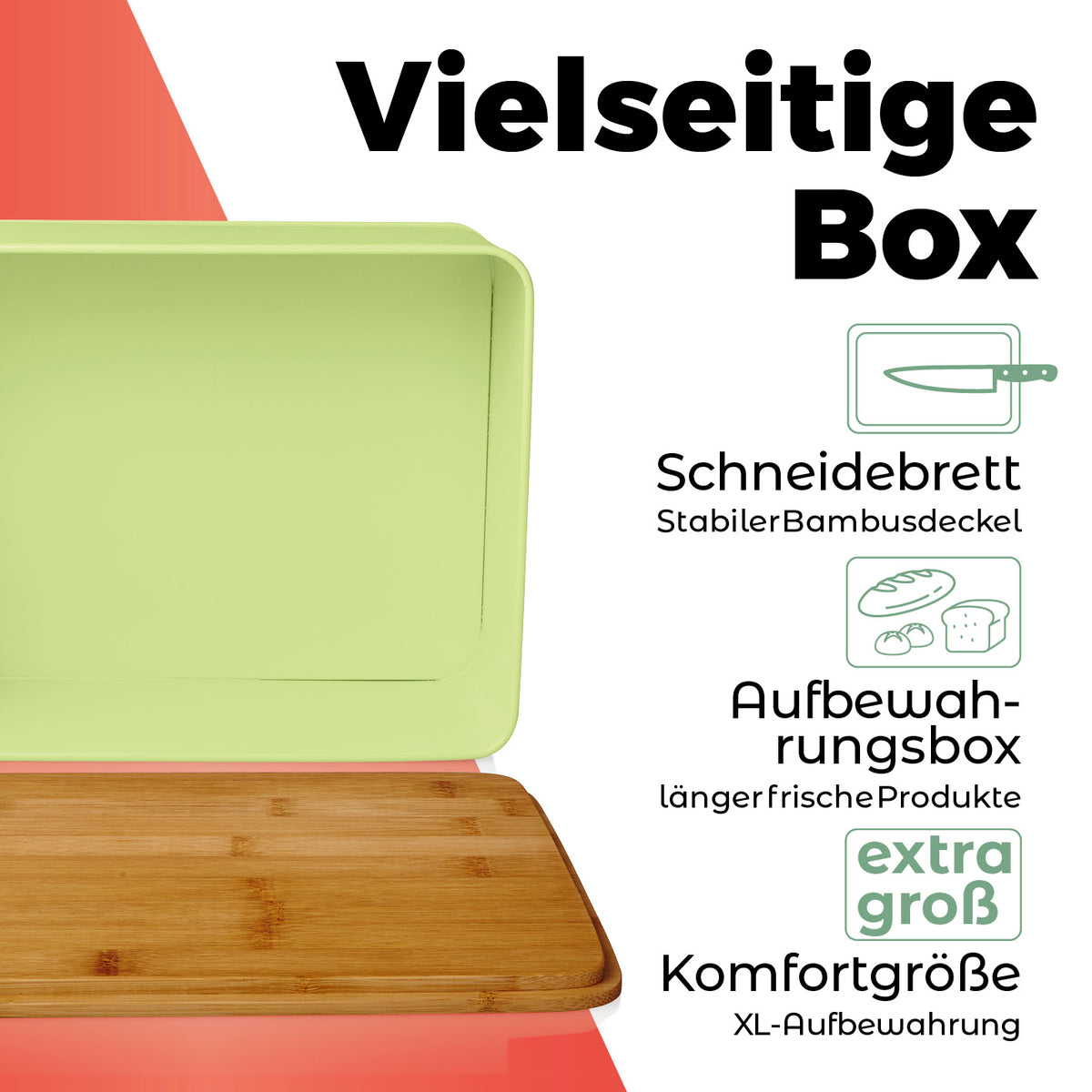 Cuisine Brotkasten aus Metall mit Bambus Deckel in Mintgrün, rechteckig 30,5 x 23,5 x 14 cm, mit Schneidebrett und Lüftungslöchern.