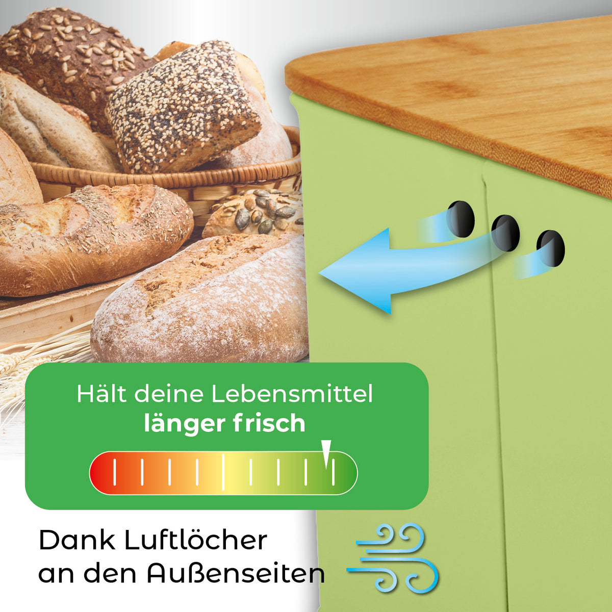 Cuisine Brotkasten aus Metall mit Bambus Deckel Mintgrün, rechteckig, mit Lüftungslöchern für optimale Frische und Luftzirkulation.