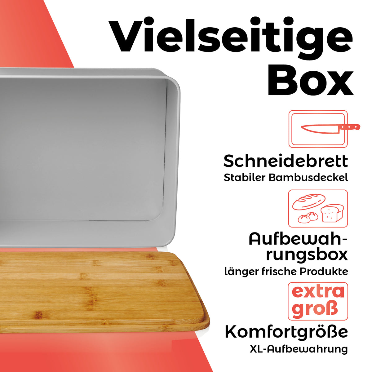 Cuisine Brotkasten aus Metall mit Bambus Deckel, rechteckig 30,5 x 23,5 x 14 cm, vielseitig mit Schneidebrett und Aufbewahrungsbox groß