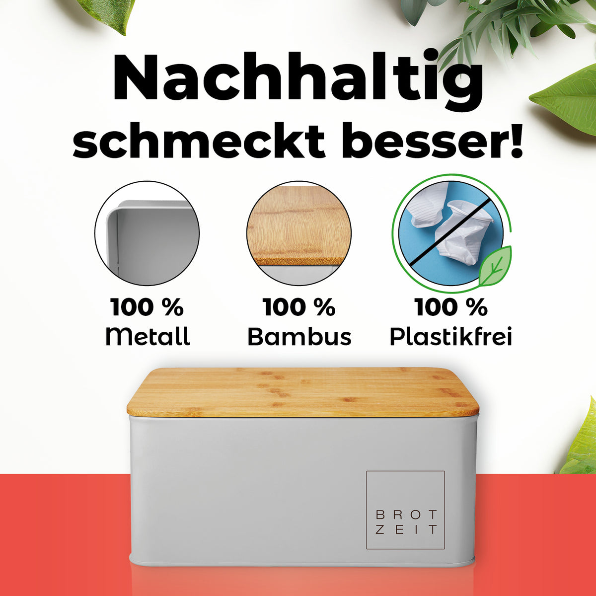 Cuisine Brotkasten aus Metall mit Bambus Deckel, rechteckig 30,5 x 23,5 x 14 cm, hellgrau, plastikfrei und nachhaltig gestaltet.