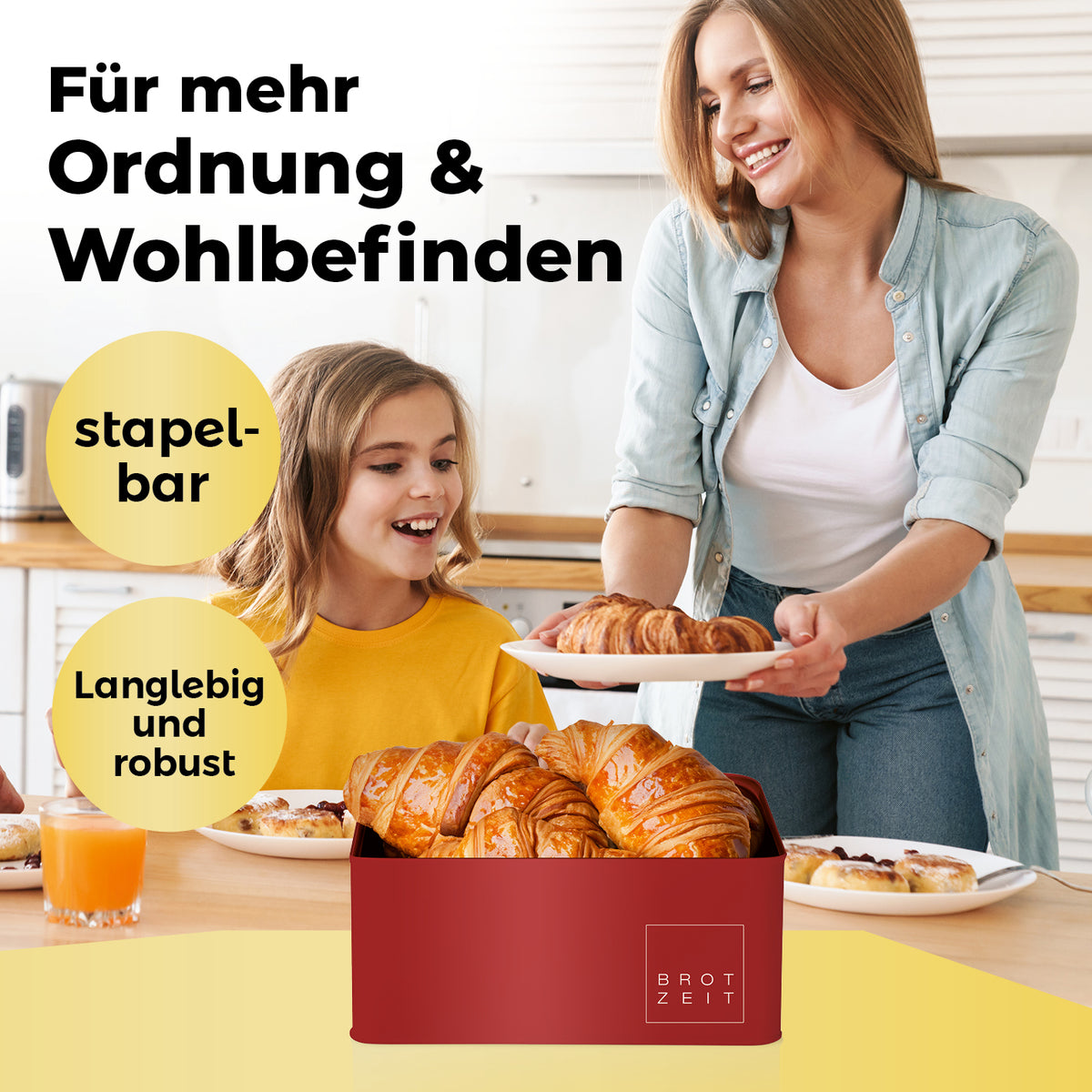 Cuisine Brotkasten aus Metall mit Bambus Deckel - Rechteckig 30,5 x 23,5 x 14 cm - Rot, stilvoll und platzsparend für Brot.