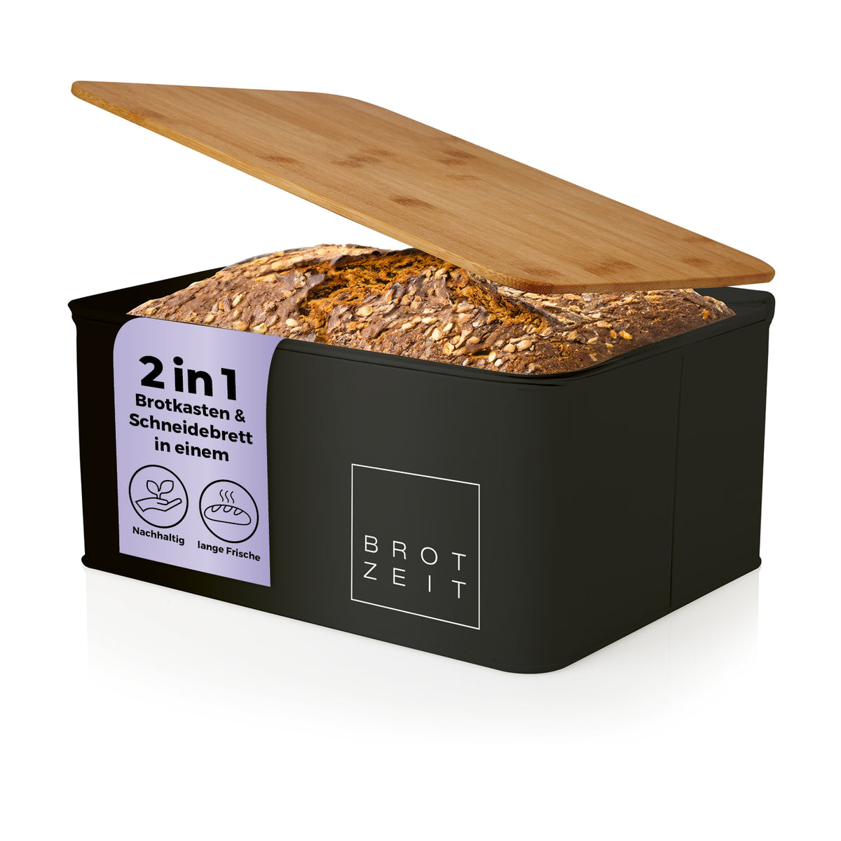 Cuisine Brotkasten aus Metall mit Bambus Deckel rechteckig 30,5 x 23,5 x 14 cm schwarz mit 2in1 Funktion und Brotleib