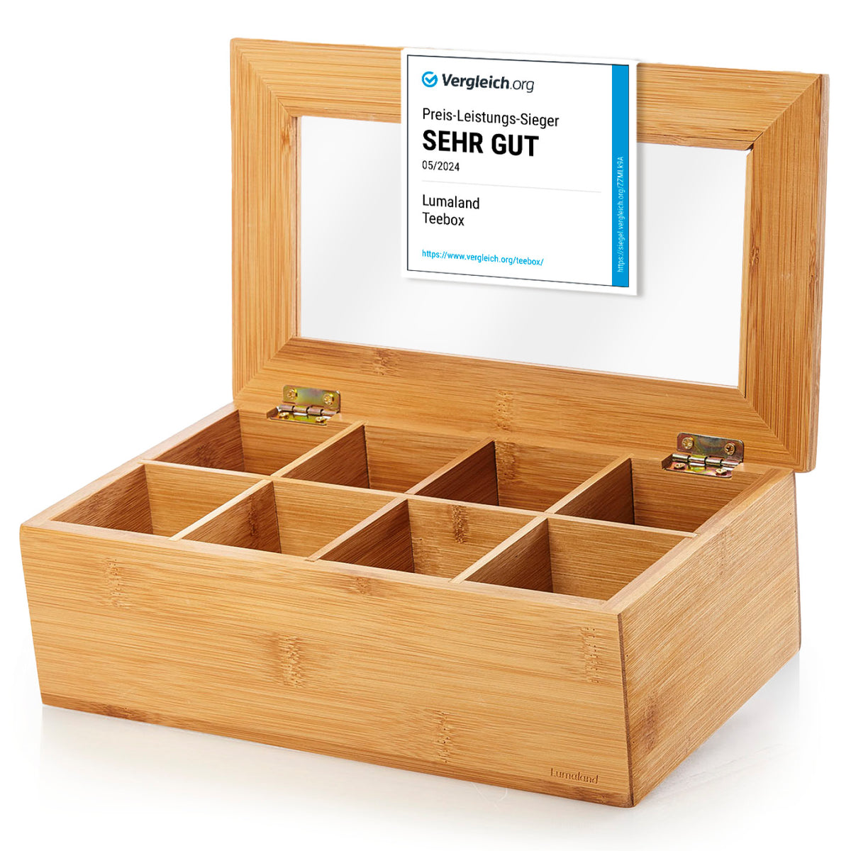 Cuisine Teebox - Mit aufklappbarem Deckel & Sichtfenster aus Bambusholz mit 8 Fächern für bis zu 120 Teebeutel, nachhaltig und platzsparend.
