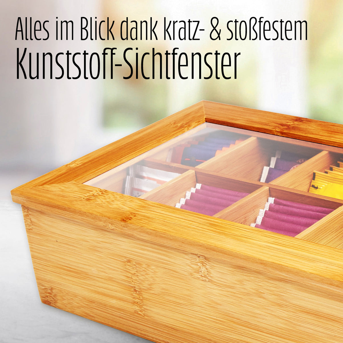 Cuisine Teebox - Mit aufklappbarem Deckel & Sichtfenster aus Bambusholz, 8 Fächer für bis zu 120 Teebeutel, nachhaltig und platzsparend.