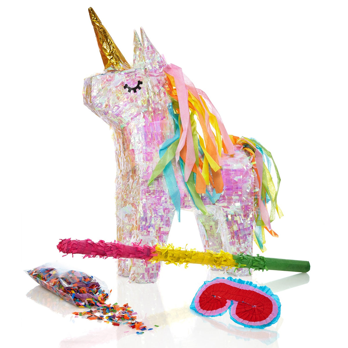 Pinata Einhorn - Set zum Befüllen inkl. Schläger, Maske und 50g farbenfrohem Konfetti für festliche Partys und Kindergeburtstage.