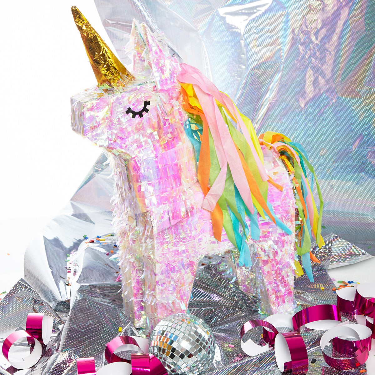 Pinata Einhorn - Set zum Befüllen inkl. Schläger, Maske und 50g Konfetti mit bunten Bändern und glänzender Oberfläche für Partyspaß.