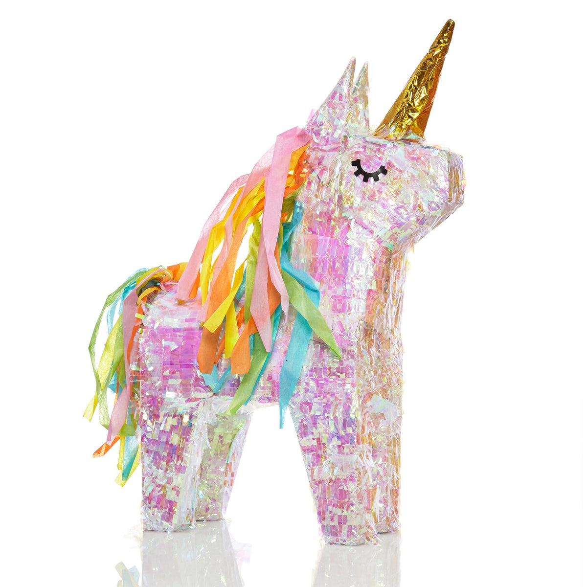 Pinata Einhorn - Set zum Befüllen inkl. Schläger, Maske und 50g Konfetti, buntes Einhorn mit goldenem Horn und mehrfarbiger Mähne.