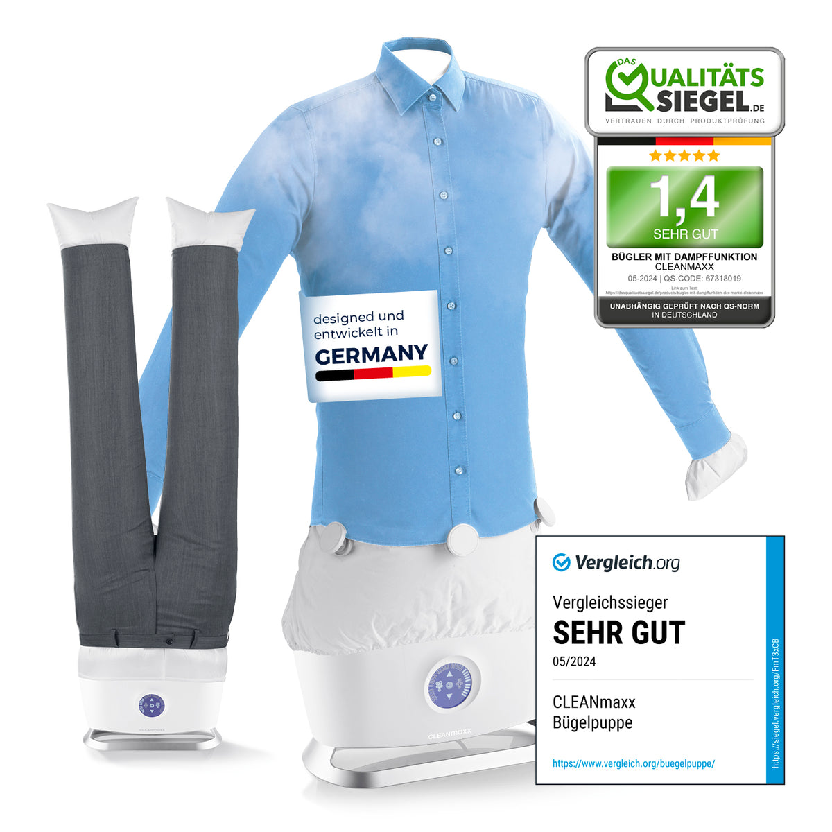 Hemdenbügler PRO STEAM mit Hosenaufsatz in Weiß zeigt faltenfreie Hemden und Hosen, designed und entwickelt in Germany.