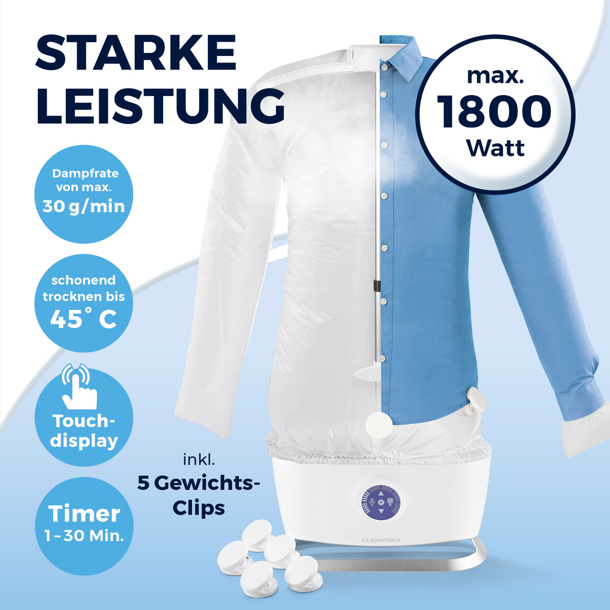 Hemdenbügler PRO STEAM mit Hosenaufsatz – leistungsstarkes Trocknen und Bügeln mit Touchdisplay und 5 Gewichts-Clips.