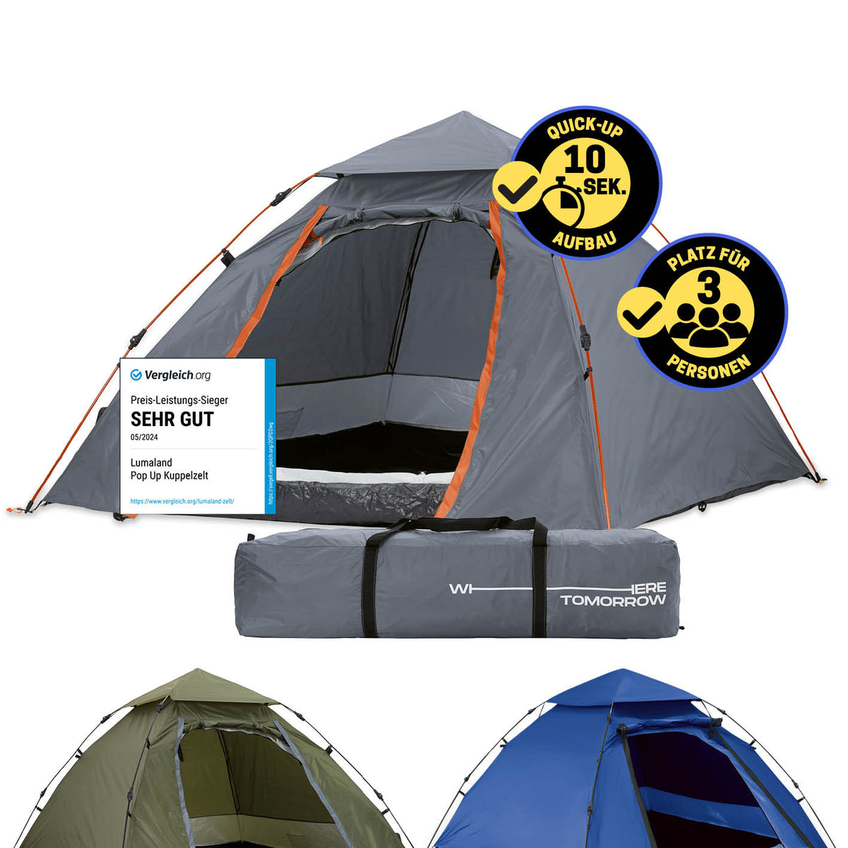 Pop up Kuppelzelt für 3 Personen - Grau, leicht, wasserfest, schneller Aufbau in 10 Sekunden, ideal für Outdoor, Reisen, Festivals, Strand.