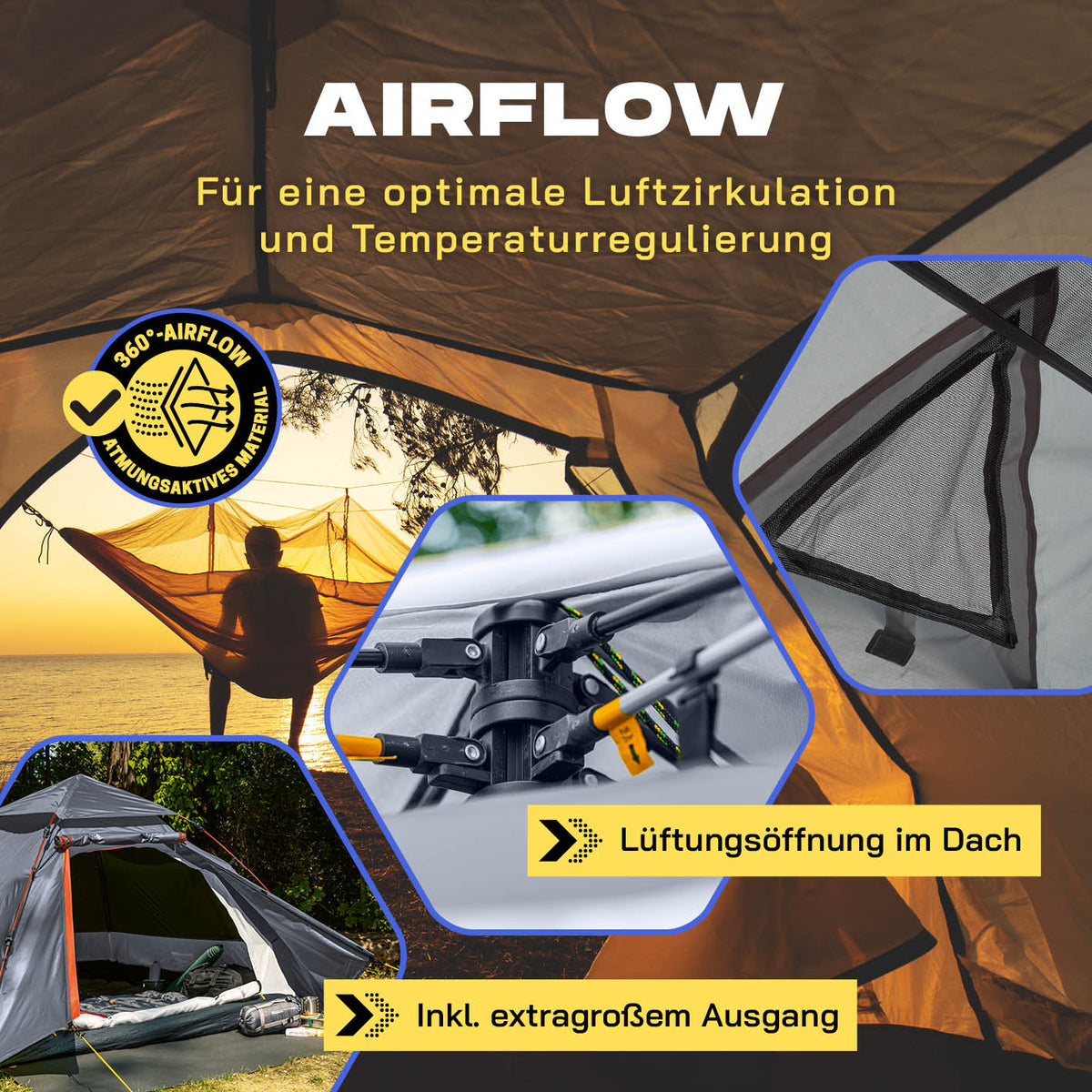 Pop up Kuppelzelt für 3 Personen - Grau mit 360° Luftzirkulation, Lüftungsöffnung im Dach und extragroßem Ausgang.