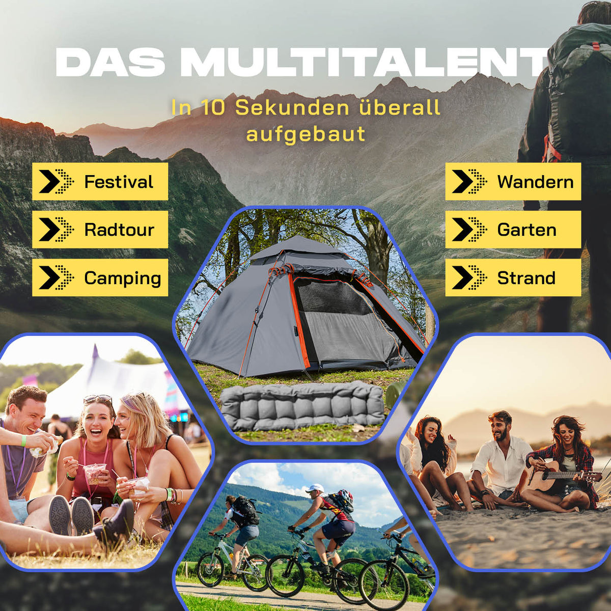 Pop up Kuppelzelt für 3 Personen - Grau, leichtes, schnelles, wetterfestes Zelt ideal für Festival, Camping, Strand und Outdoor-Abenteuer.