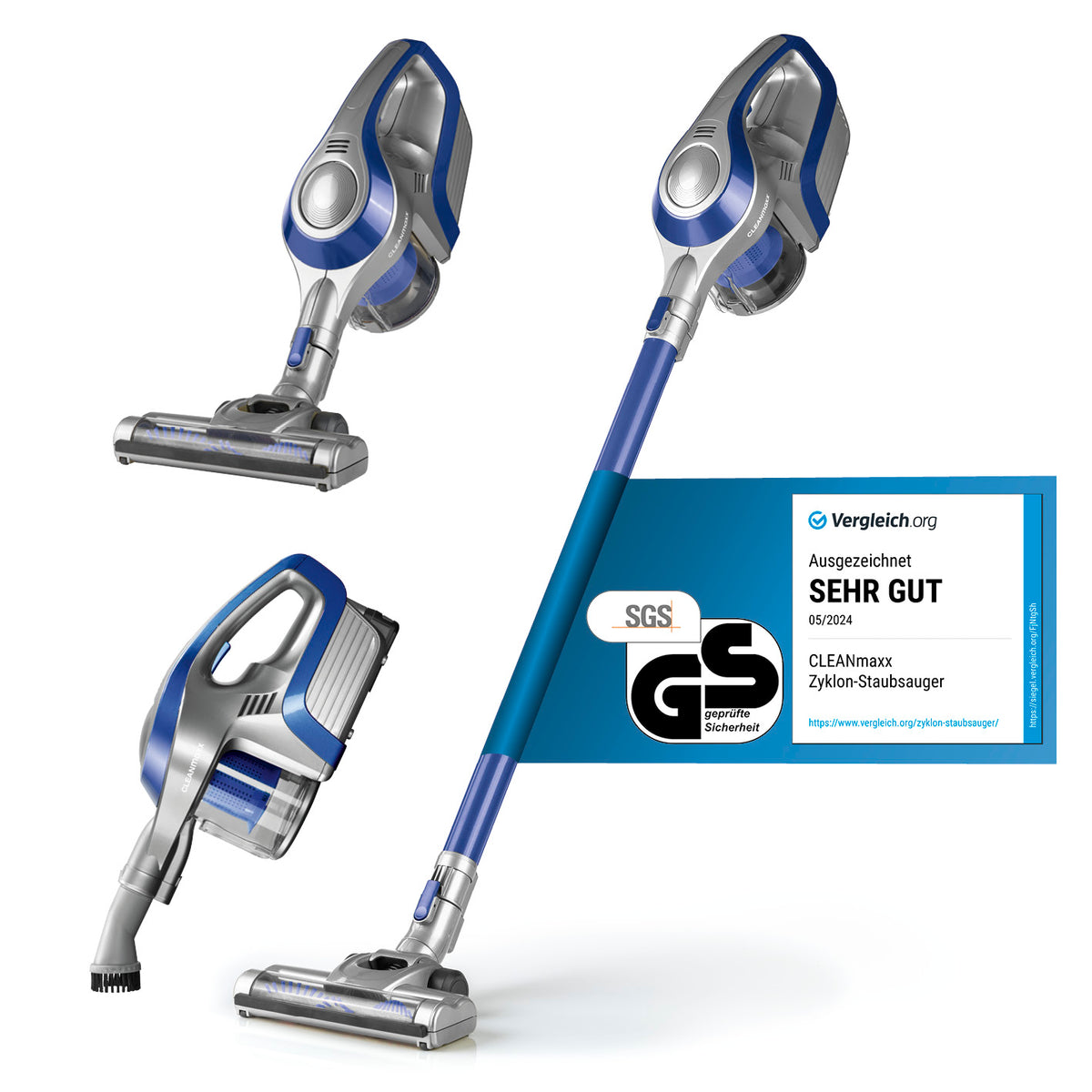Akku-Zyklonstaubsauger - blau/silber als flexibler 2in1 Staubsauger mit Verlängerungsrohr und starker Zyklon-Technologie.