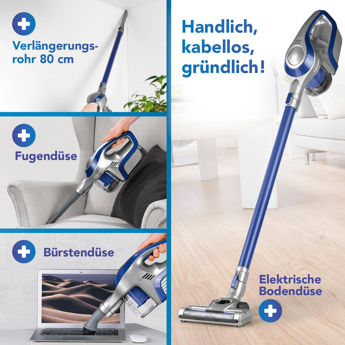Akku-Zyklonstaubsauger - blau/silber mit Verlängerungsrohr, Fugendüse, Bürstendüse und elektrischer Bodendüse, kabellos und handlich.