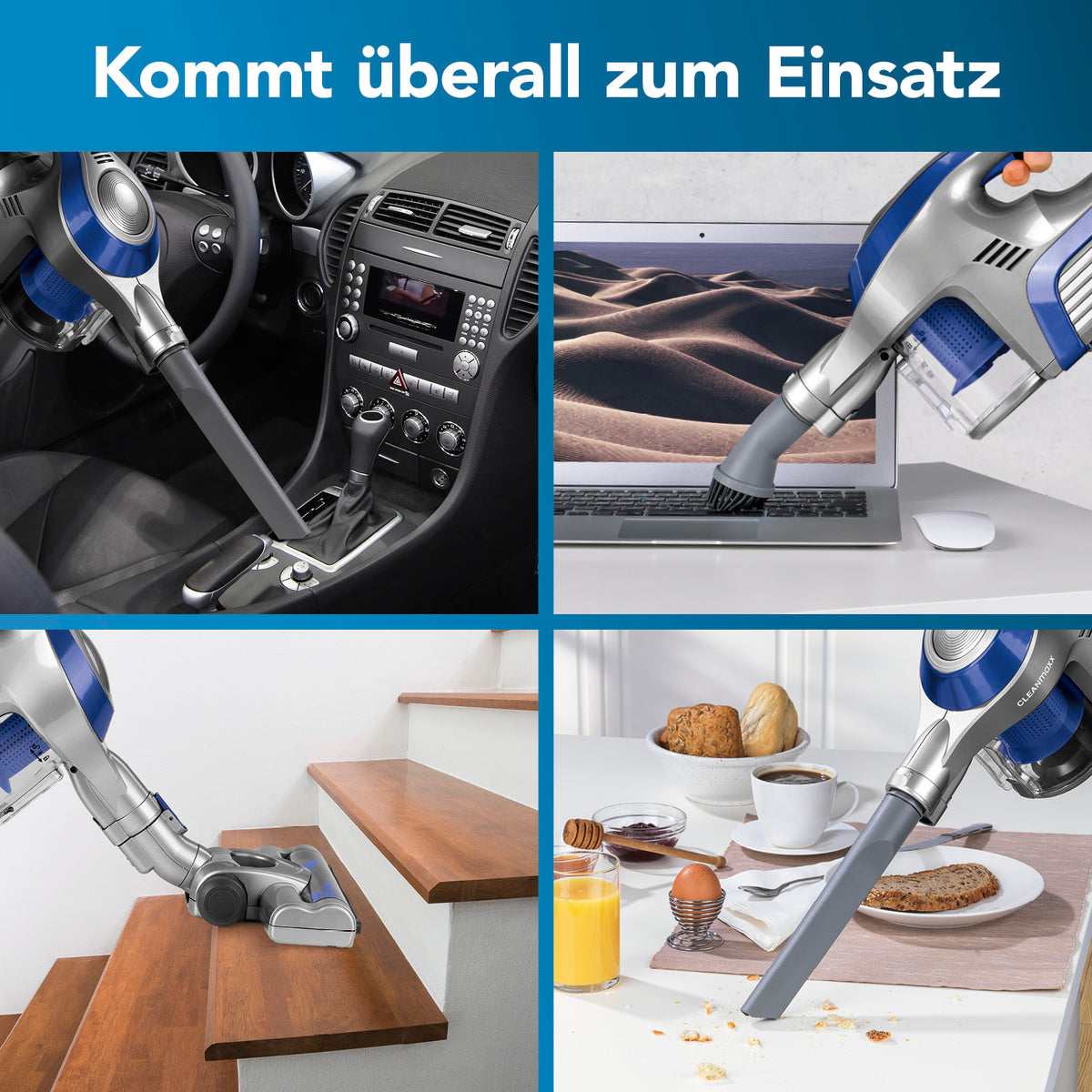 Akku-Zyklonstaubsauger - blau/silber mit 2in1-Funktion für Auto, Tastatur, Treppen und Tisch flexibel und kabellos reinigen.
