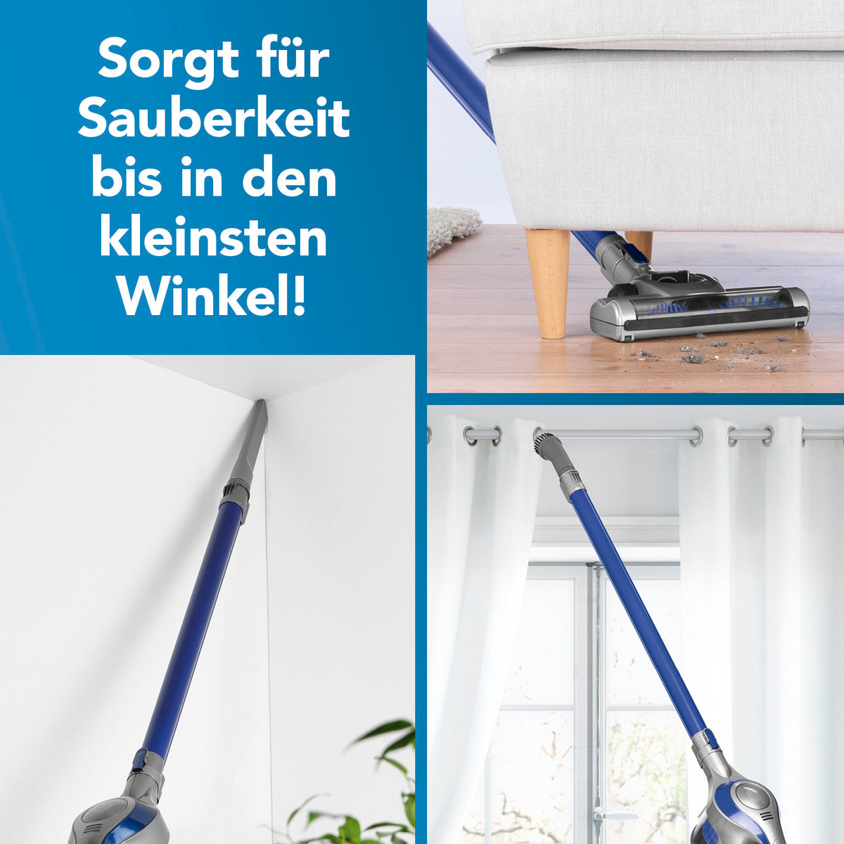 Akku-Zyklonstaubsauger - blau/silber reinigt effektiv Böden und schwer zugängliche Stellen mit flexiblem 2in1-Design und Verlängerungsrohr.