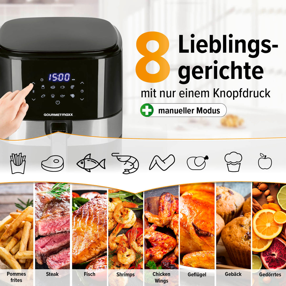 GOURMETmaxx Heißluftfritteuse - 6,2 l mit 8 Programmen für Pommes, Steak, Fisch, Shrimps, Chicken Wings, Geflügel, Gebäck und Gedörtes.
