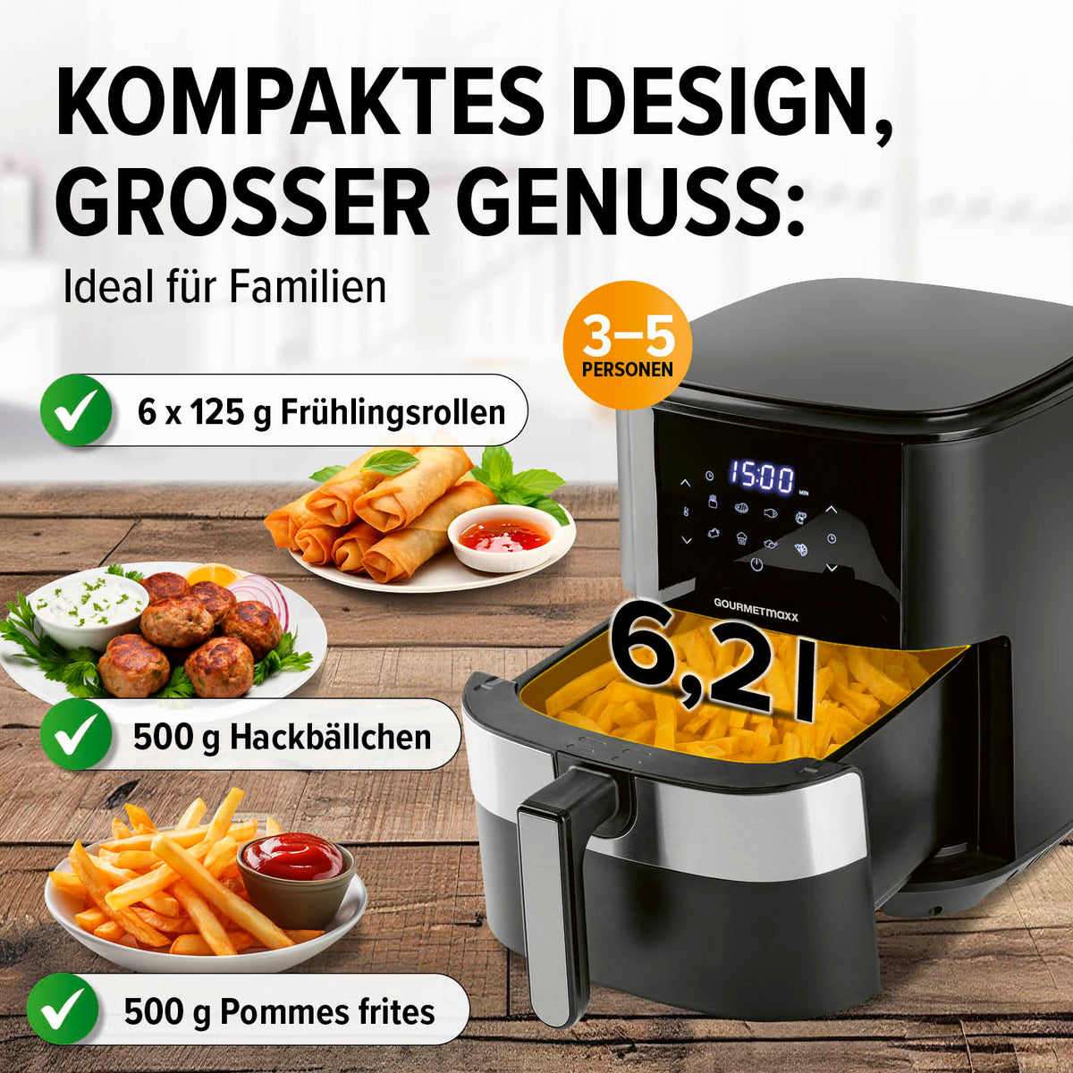 GOURMETmaxx Heißluftfritteuse - 6,2 l mit Touchdisplay und 9 Funktionen für fettarmes, schnelles Frittieren und gesundes Kochen.