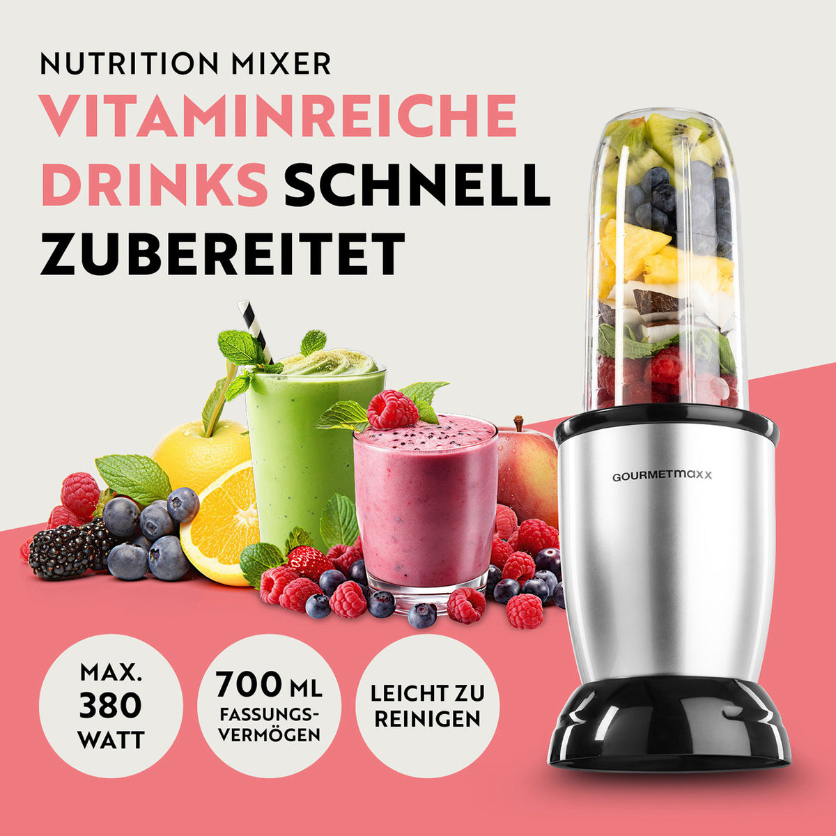 Nutrition Mixer Silber/Schwarz für vitaminreiche Drinks mit 380 Watt und 700 ml Fassungsvermögen leicht zu reinigen