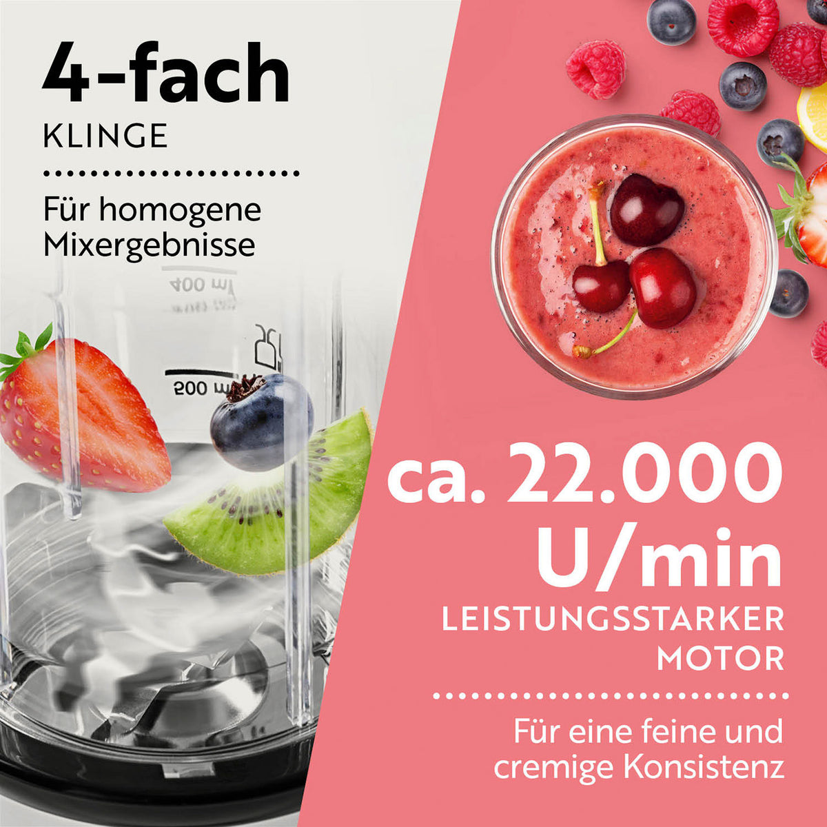 Nutrition Mixer Silber/Schwarz mit 4-fach-Klinge und leistungsstarkem Motor mit ca. 22.000 U/min für feine Konsistenz