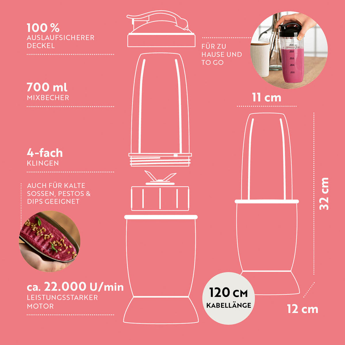 Infografik zum Nutrition Mixer Silber/Schwarz mit 700 ml Mixbecher 4-fach-Klinge 22.000 U/min und Maßen 11 x 32 x 12 cm