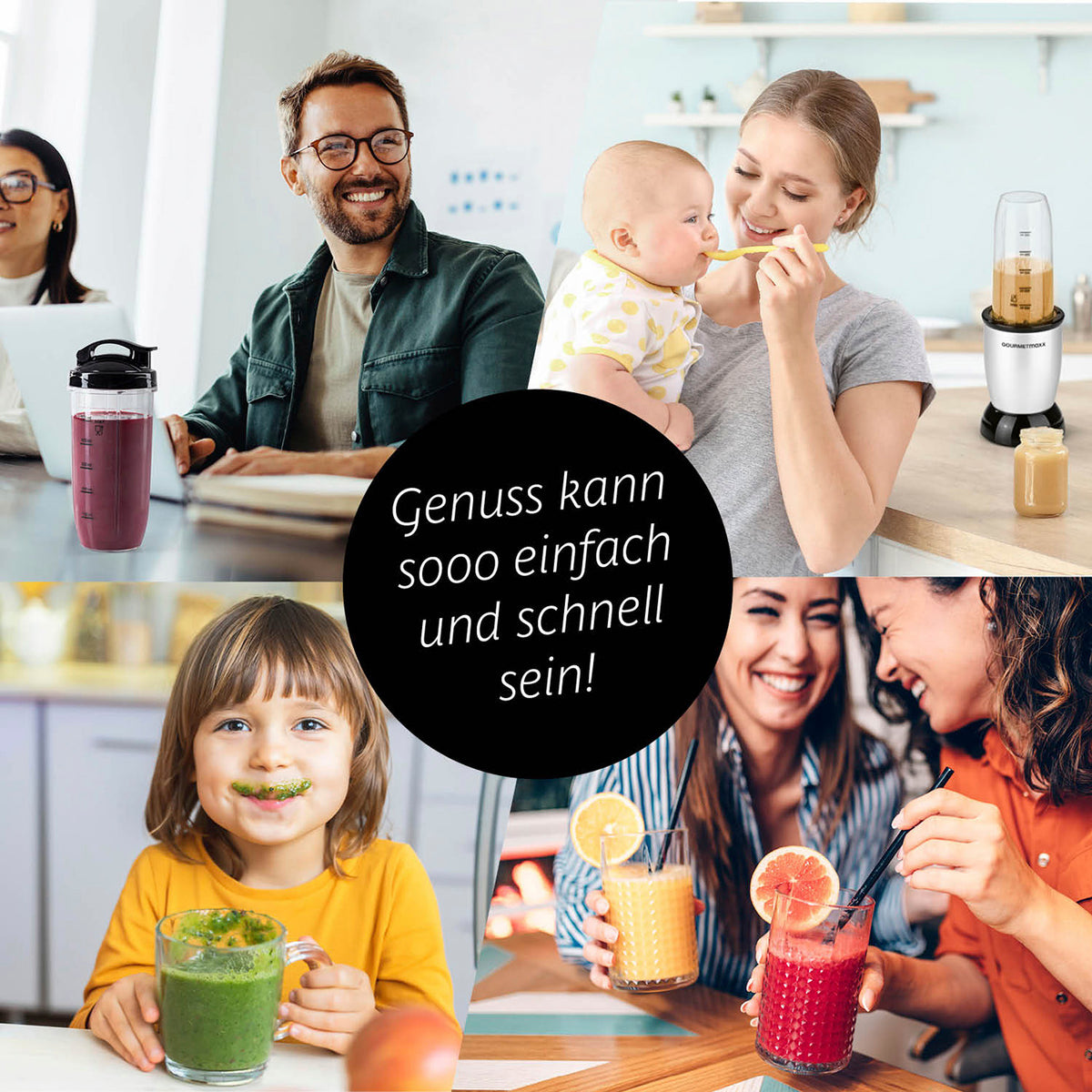 Nutrition Mixer Silber/Schwarz für Smoothies und Drinks mit Familie und Freunden in verschiedenen Alltagssituationen