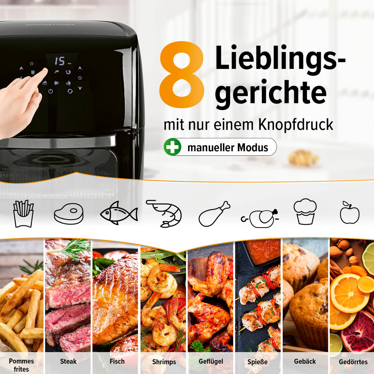 Digitale Heißluftfritteuse - 12 l mit Touchdisplay, 8 Programmen für Pommes, Steak, Fisch, Geflügel, Gebäck und mehr, schneller Garprozess.