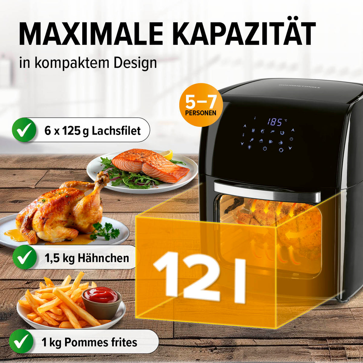 Digitale Heißluftfritteuse - 12 l mit 12 Liter Kapazität für 5-7 Personen, ideal für Hähnchen, Lachsfilet und Pommes frites.