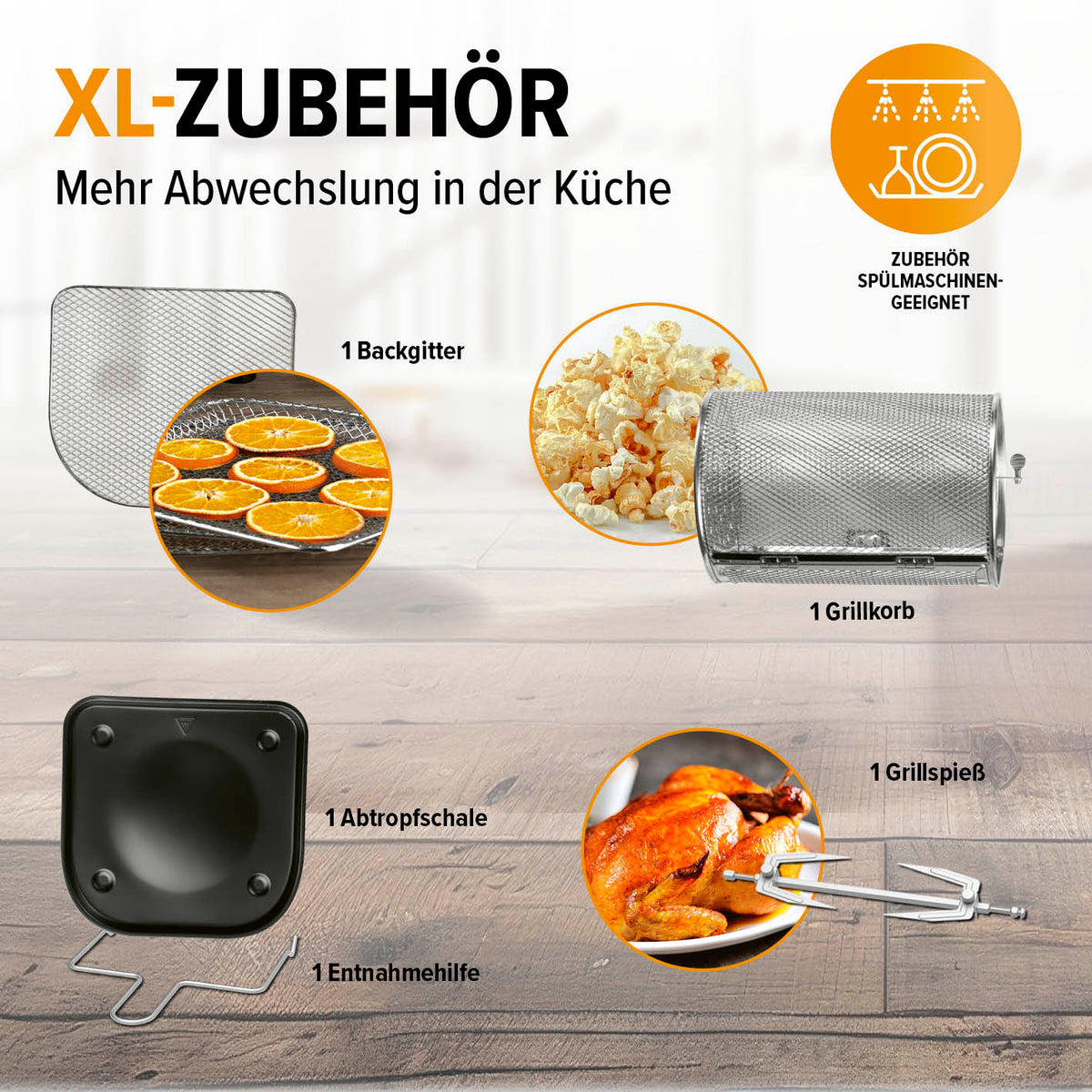 Digitale Heißluftfritteuse - 12 l Zubehörset mit Backgitter, Grillkorb, Abtropfschale und Grillspieß für vielseitiges fettarmes Frittieren.