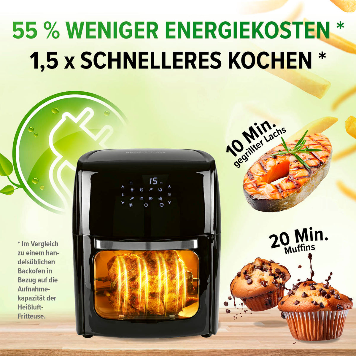 Digitale Heißluftfritteuse - 12 l mit 1800 W, 360° Rapid Air, schnelles Garen, Energiesparen und vielseitigen Kochfunktionen.