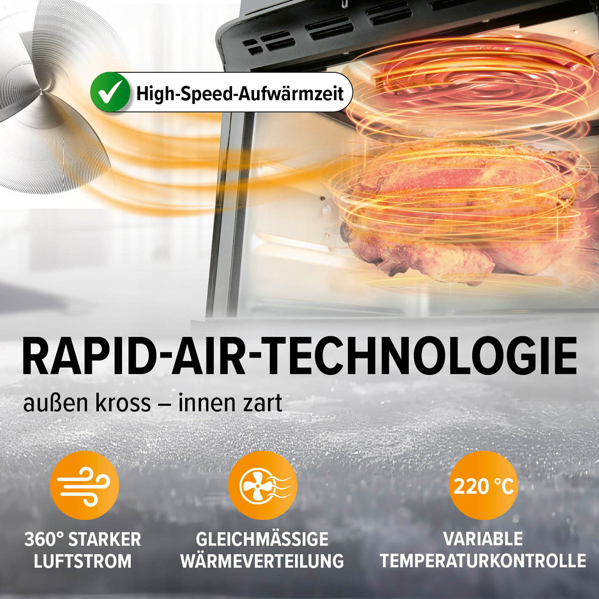 Digitale Heißluftfritteuse - 12 l mit 360° Rapid Air Technologie für fettarmes, schnelles Garen und gleichmäßige Wärmeverteilung bis 220 °C.
