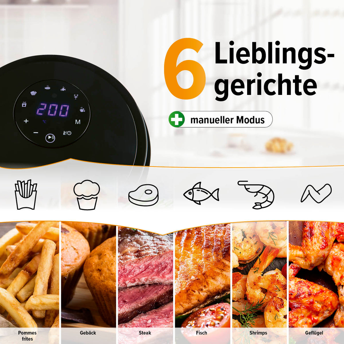 Heißluftfritteuse - 3 l mit 6 Programmen für Pommes, Gebäck, Fleisch, Fisch, Shrimps und Geflügel, 200° max., manueller Modus.