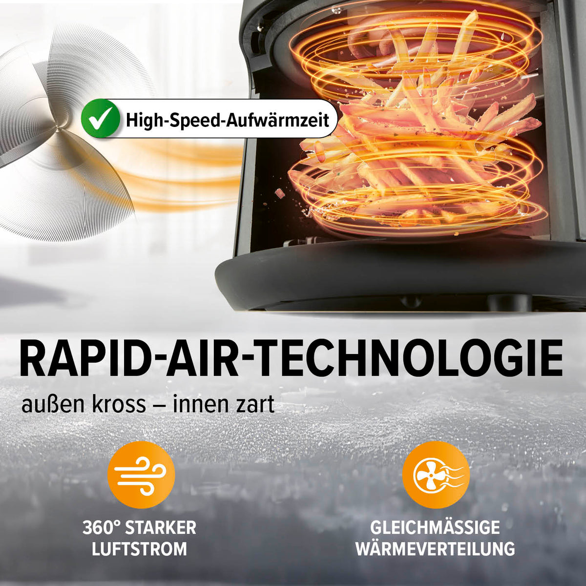Heißluftfritteuse - 3 l mit Rapid-Air-Technologie, 360° Luftzirkulation und schneller High-Speed-Aufwärmzeit für fettarmes Frittieren.