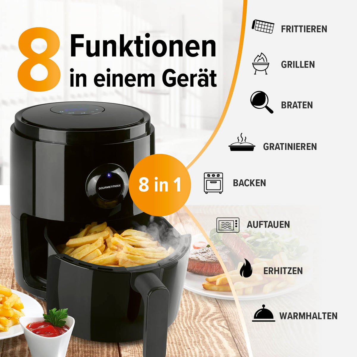 Heißluftfritteuse - 3 l mit 8 Funktionen zum fettarmen Frittieren, Grillen, Backen und Braten für vielseitige Zubereitung.